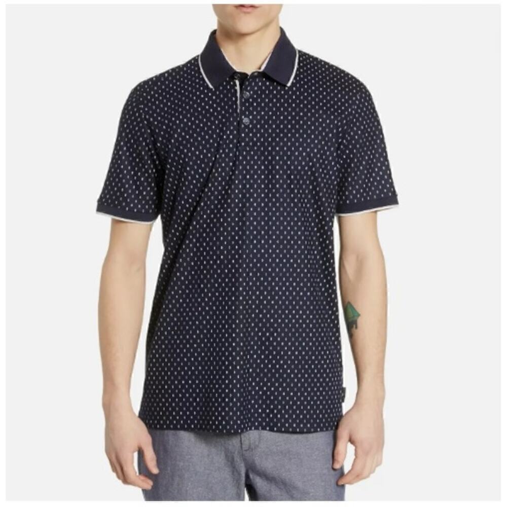 Ted Baker London Toff Slim Fit Print Pique Classic Polo Shirt Blue Mens Size L